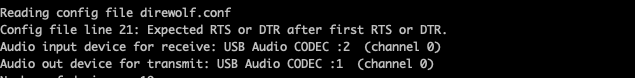 Output from Direwolf indicating that "Expected RTS or DTR after first RTS or DTR." In other words, PTT was not configured in a way the application could understand.