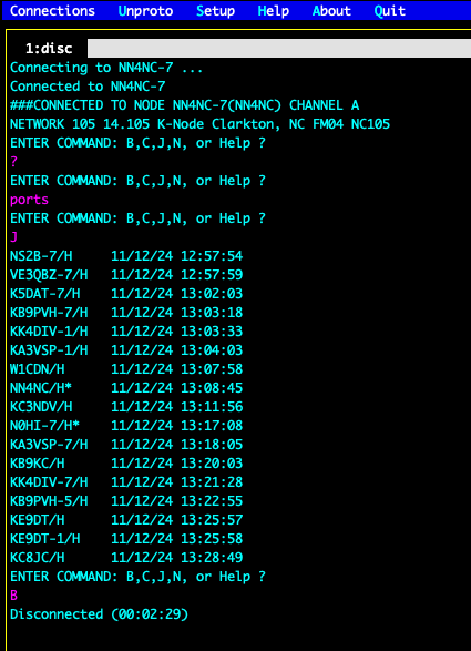 Node output displaying all stations heard over the last 30 minutes.