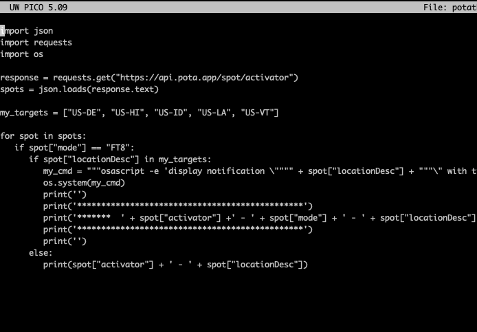 A screenshot of a Python script for querying the POTA API.