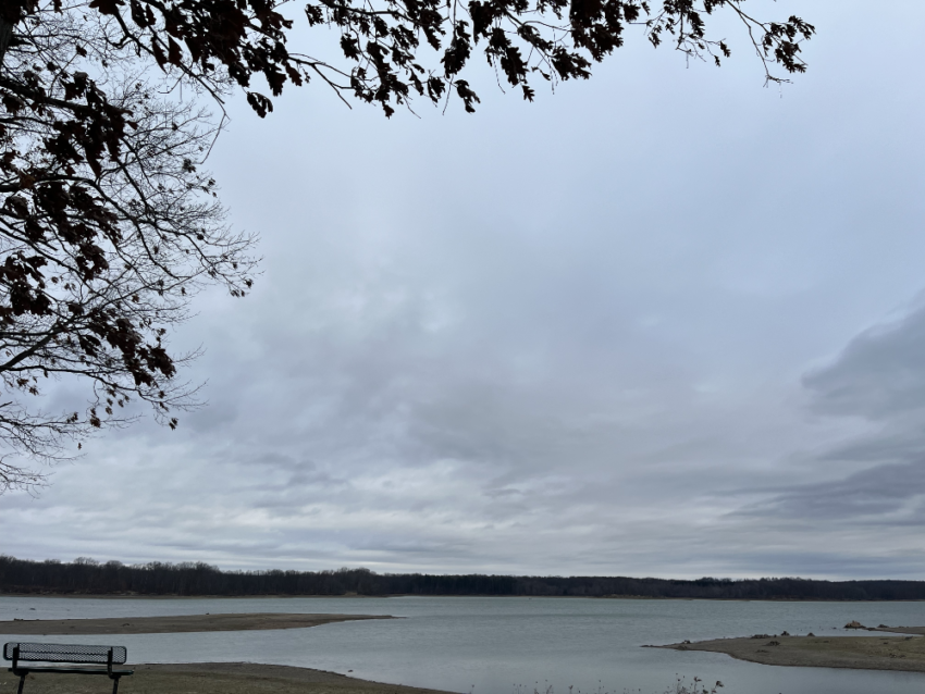 Grey skies over the reservoir at West Branch State Park.