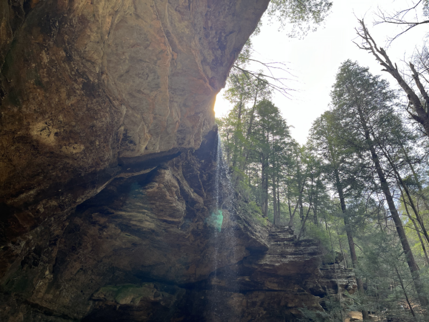 A view upward of the waterfall at Ash Cave in Hocking Hills State Park in Ohio.