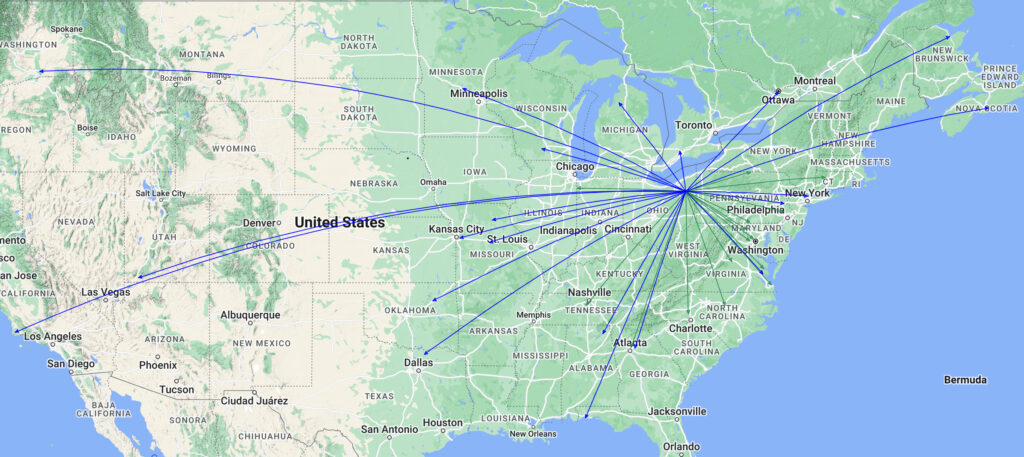 The QSO Map of the activation of US-1999 by KC8JC on 08-July-2024.