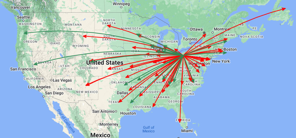 The QSO Map of the activation of US-1999 by KC8JC on 11-Jul-2024.