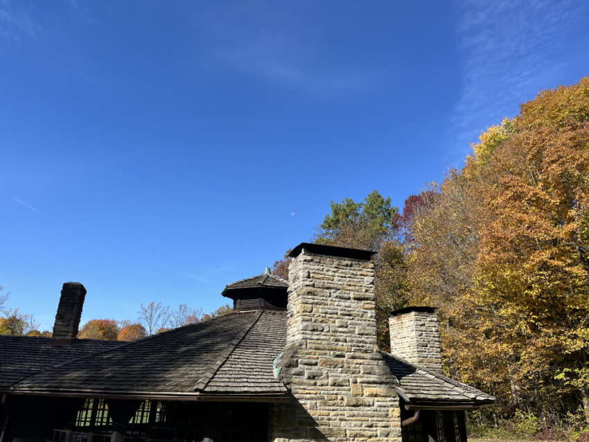 View of the moon during the morning over the Octagon shelter at Cuyahoga Valley National Park.