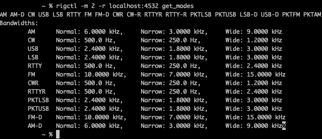 Terminal window with the output from rigctl.