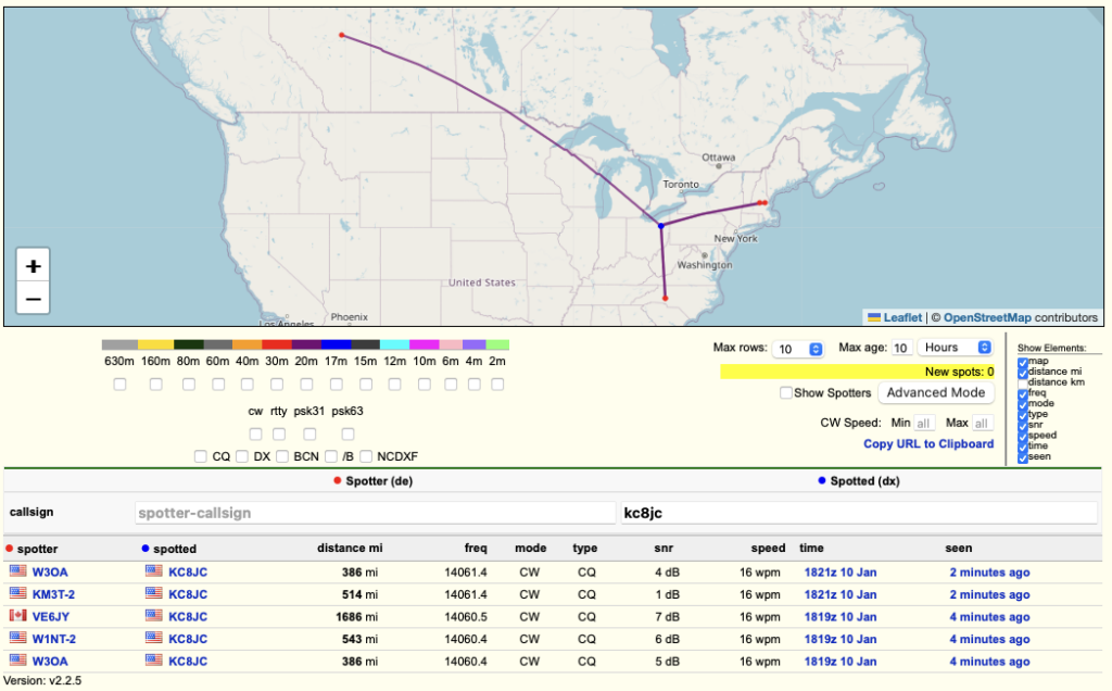 An image of the reverse beacon network showing stations picking up KC8JC as far away as 1686 miles away.